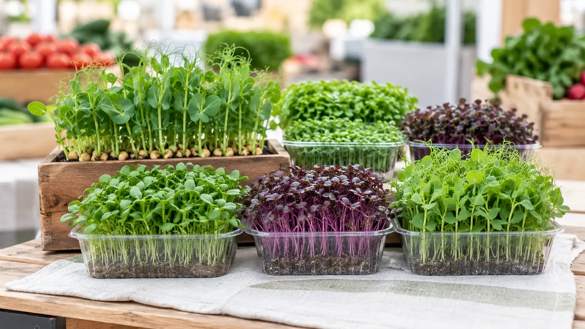 Небольшая выкладка микрозелени на локальном продуктовом маркете