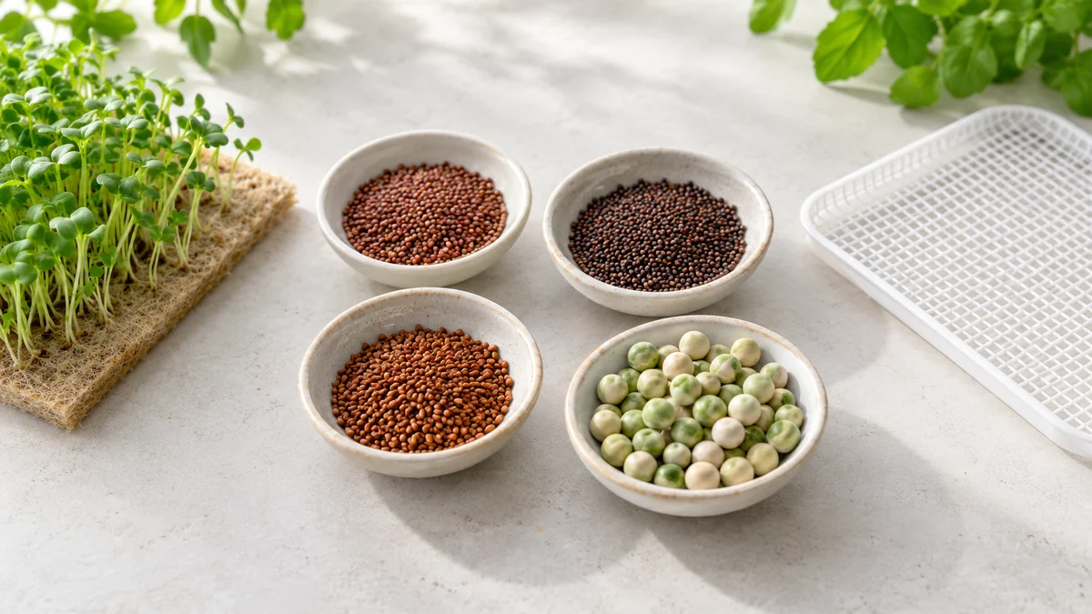 Семена редиса, брокколи, кресс-салата и гороха перед посевом